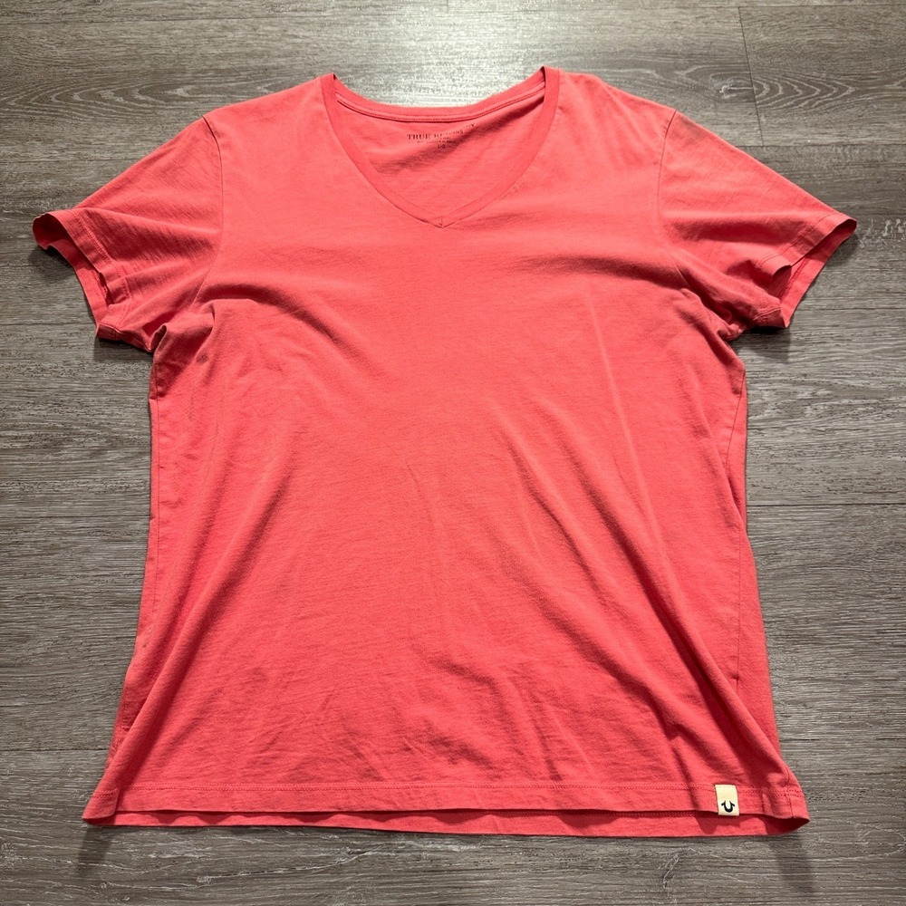 True Religion Shirt Womens Large Pink V Neck Logo Tee Short Sleeve Cotton Adult